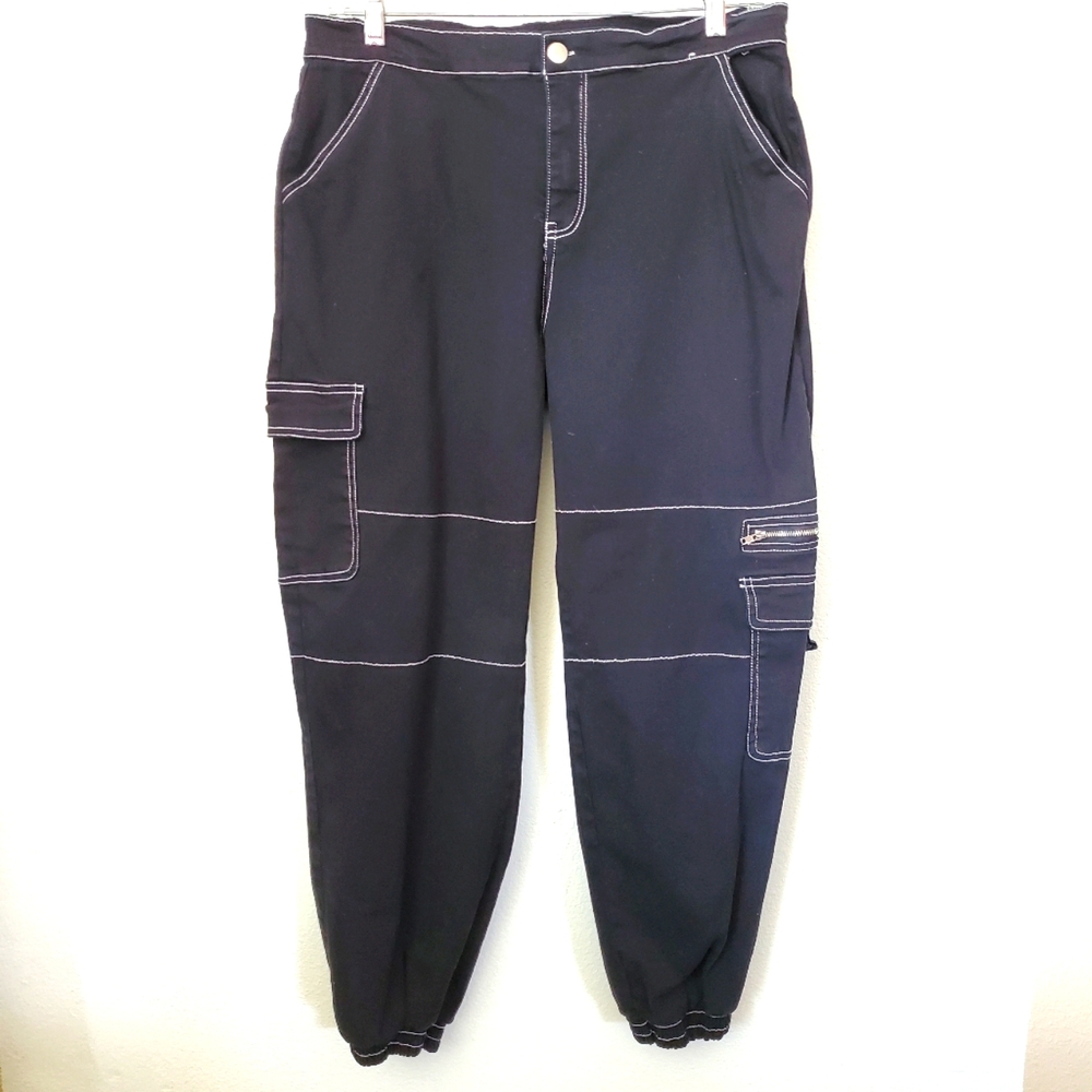 XL Rachel Paige Black Cargo Pants Contrast Stitch